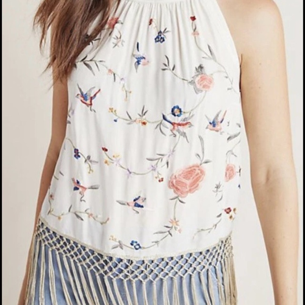 Anthropologie Gatsby Fringe Embroidered Floral Tank Top Size 10 - Picture 1 of 16